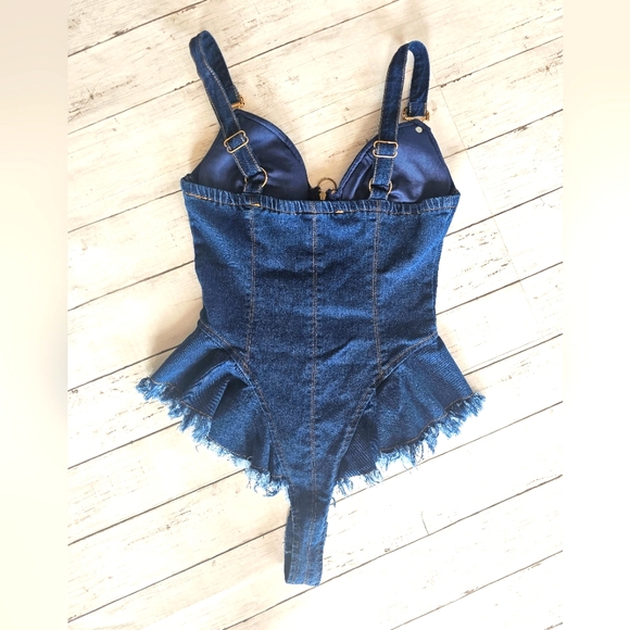 RARE JW Signature Blue Denim Corset Flare Bodysuit Overall Straps Unique Sexy - Picture 8 of 11